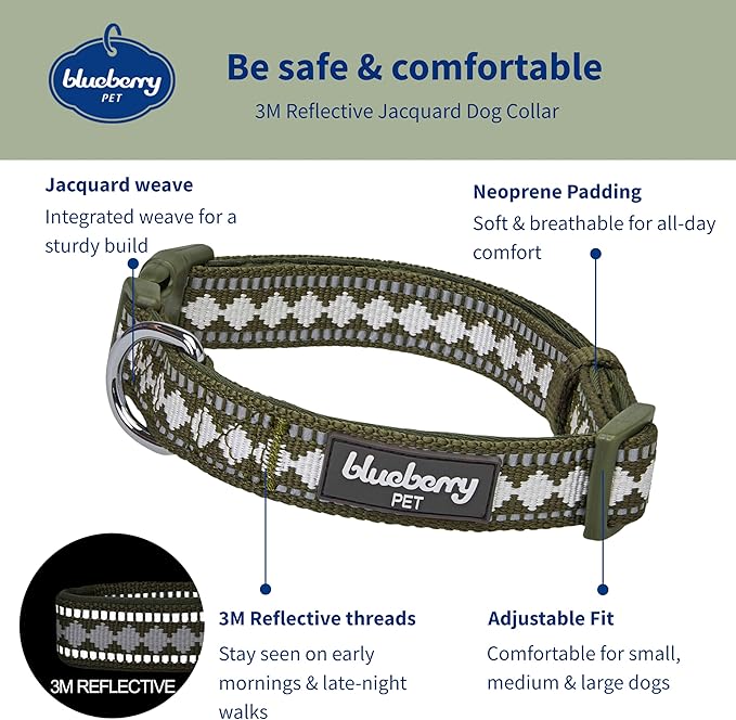 Blueberry Pet 3 Colors 3M Reflective Jacquard Neoprene Padded Adjustable Dog Collar, Olive