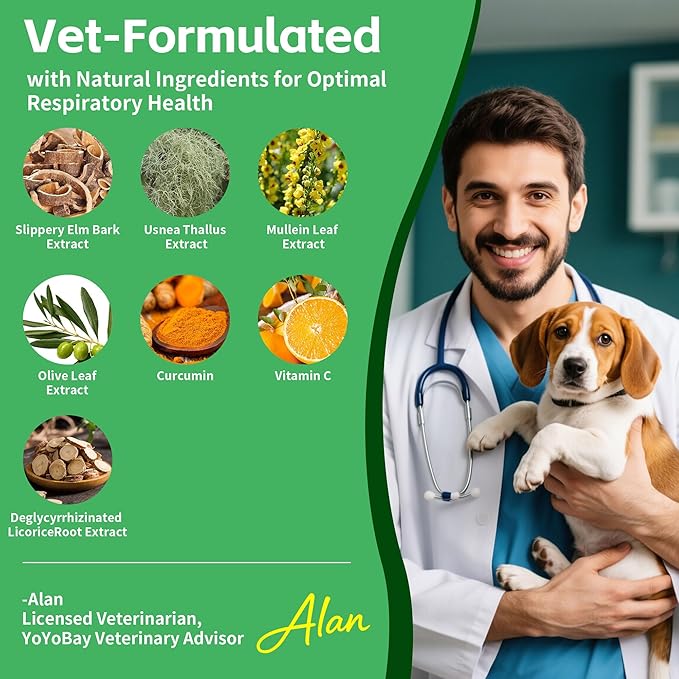 Dog Cough Treatment Liquid – Tracheal Collapse Support for Dogs – Herbal Drops with Slippery Elm, Mullein & Olive Leaf – Helps Soothe Throat, Calm Coughing & Support Breathing