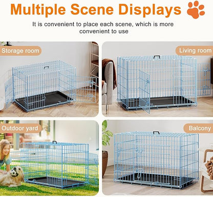 FDW Dog Crate 36inch Dog Cage Foldable Metal Kennel with Leakproof Tray Foldable Design Indoor Outdoor Use for Medium Dogs,Blue