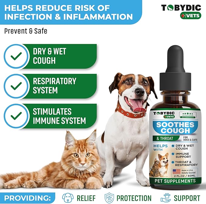 Tobydic Dry & Wet Kennel Cough Natural Relief for Dogs and Cats - Herbal Treatment Support Helps to Soothe Throat & Respiratory Trachea Comfort Supplement for Pets - Made in USA