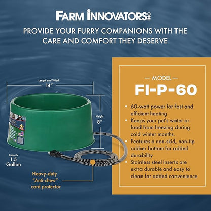 Farm Innovators Heated Pet Water Bowl, 60W Heated Water Dish - 1.5 Gallon Plastic Watering Station with Anti-Chew Cord Protector for Dogs & Cats
