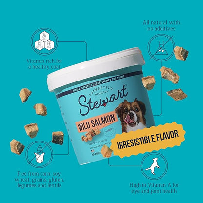 Stewart 100% Wild Salmon Dog Treats, 9.5 oz Tub, ~190 Pieces, Freeze Dried Raw, Ingredient, 65% Protein Training Treats or Meal Topper, Grain Free, Gluten Free (Pack of 2)