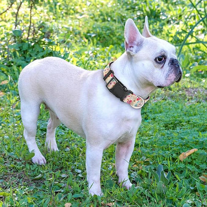 Ladoogo Reflective Dog Collar Padded with Soft Neoprene Breathable Adjustable Nylon Dog Collars for Small Medium Large Dogs (Large (Pack of 1), Vanila/Pink Floral Collar+Leash)
