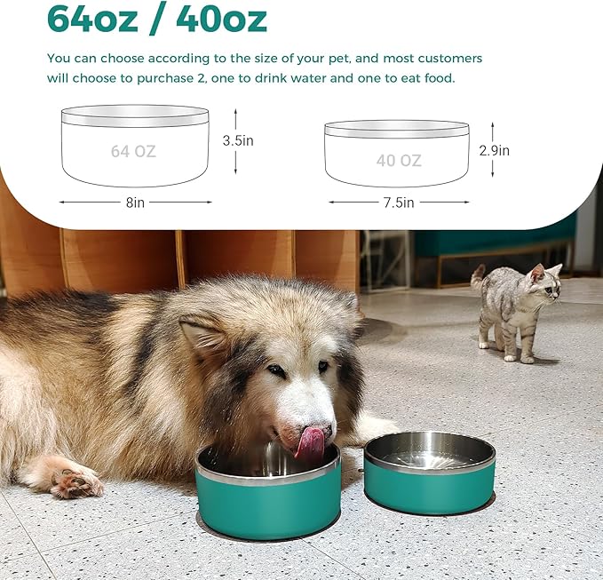 WENBOKMIN Dog Bowl, Stainless Steel Dog Food and Water Bowl with Non Slip Quiet Bottom, Easy to Clean, Dishwasher Safe, 64oz, Deep Green