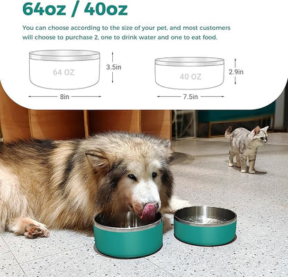 WENBOKMIN Dog Bowl, Stainless Steel Dog Food and Water Bowl with Non Slip Quiet Bottom, Easy to Clean, Dishwasher Safe, 64oz, Deep Green