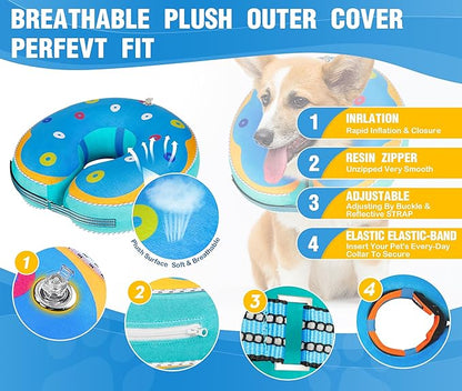 Inflatable Reflective Dog Cone Collar Alternative After Surgery,Dog Neck Donut,Recovery Soft Protective E Collar,Adjustable,for Small Medium and Large Dog Cats (Blue, M)