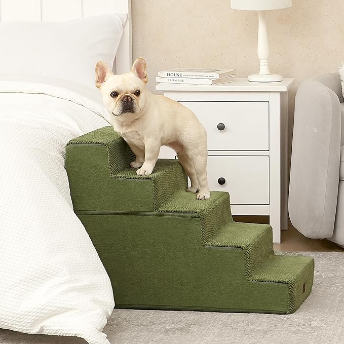 EHEYCIGA Dog Stairs for High Bed 22.5" H, 5-Step Dog Steps for Bed, Pet Steps for Small Dogs and Cats, Non-Slip Balanced Pet Ramp Indoor, Olive Green