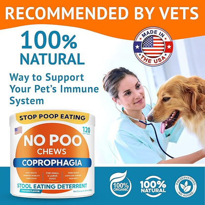 No Poo Chews for Dogs - Coprophagia & Stool Eating Deterrent with Probiotics, Digestive Enzymes & Breath Aid Support - Stop Dog Poop Eating - Made in USA - 120 Soft Chews