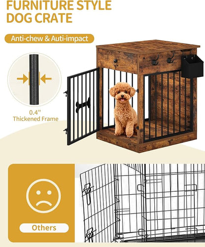Hzuaneri 24.6'' Dog Crate Furniture with Charging Station, Dog Kennel Indoor with Flip-Top Storage, Wooden Pet Cage Dog House End Side Table for Small Dog Anti-Chew Anti-Escape, Rustic Brown DFC90101B