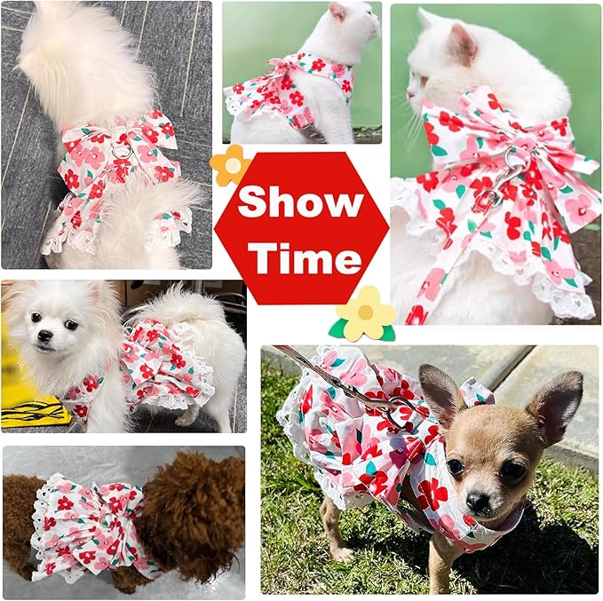 ABRRLO Dog Harness Dress Leash Set for Small Dog Summer Clothes Girl Female Puppy Cats Outfits Cute Floral Bowknot Princess Birthday Dress for Extra Small Pet Doggie Kitten Outfits Apparel(Red,S)