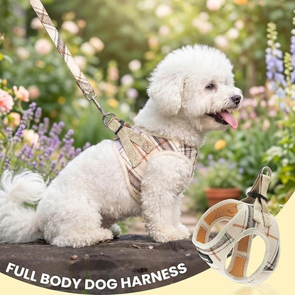 Dog Harness for Small Dogs - Plaid No Pull Dog Vest Harness and Leash Set - Step in Reflective Adjustable Soft Mesh Full Body Dog Harness for Walking, Running, Training...