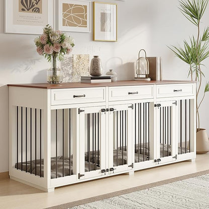 Dog Crate Furniture - Indoor Wooden Dog Kennel Crate Furniture with 2 Dividers, 3 Drawers, and 3 Lockable Doors, 72"x23.6"x31.5"H, White