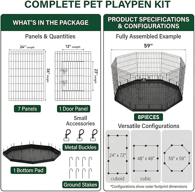 PJYuCien Dog Playpen with Bottom Pad - Metal Foldable Exercise Pen, 8 Panels 36" H x 24" W Indoor Outdoor Pet Fence Puppy Crate Kennel, Black