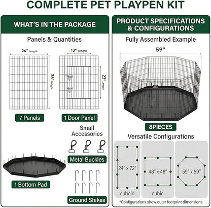 PJYuCien Dog Playpen with Bottom Pad - Metal Foldable Exercise Pen, 8 Panels 36" H x 24" W Indoor Outdoor Pet Fence Puppy Crate Kennel, Black