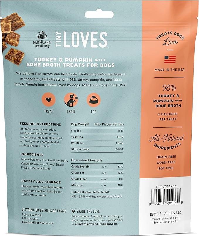 Farmland Traditions Tiny Loves Jerky Trainer Treats for Dogs w/Bone Broth (Turkey & Pumpkin, 6 oz.)