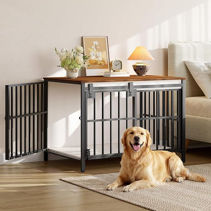 HOOBRO Dog Crate Furniture with Sliding Barn Door, Dog Kennel Indoor for Medium/Large Dogs, Heavy Duty Dog Cage with 2 Doors, End Table for Living Room, Bedroom, Rustic Brown and Black BWH163GW03