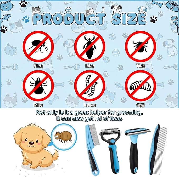 Patelai 4 Pieces Dematting Comb for Dogs Pets Grooming Tools for Dogs and Cats - Fine Tooth Comb, Deshedding Tool & Double-sided Tools Set Ideal for Long/short Hair, Knot Removal