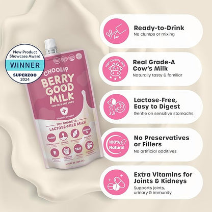 Choolip Berry Good Milk for Cats & Dogs – 10-Pack Lactose-Free Pet Milk, 200ml Pouches – Vet-Formulated Hydrating Drink with Cranberry, CoQ10, Glucosamine & Omega-3