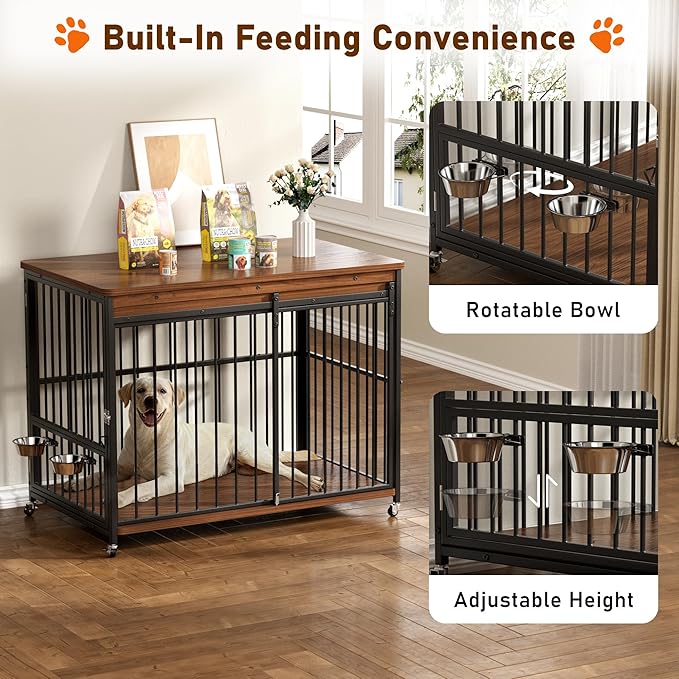 Cofiyard Dog Crate Furniture, 48’’ Wooden Dog Kennel Indoor with Sliding Front Door, Multi-Side Openings & Feeding Window Pet Cage House as TV Stand(Brown)