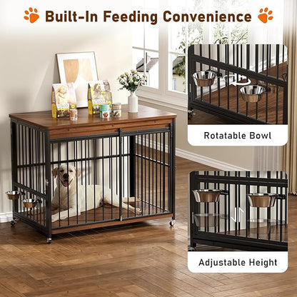 Cofiyard Dog Crate Furniture, 48’’ Wooden Dog Kennel Indoor with Sliding Front Door, Multi-Side Openings & Feeding Window Pet Cage House as TV Stand(Brown)