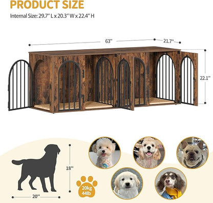 Hzuaneri 63" Dog Crate Furniture for 2 Dogs, Heavy Duty Indoor Dog Kennel TV Stand, L Wooden Dog Cage with Divider for Medium Large Dogs, End Table Dog Crate with Cushion, Rustic Brown DFC80901B