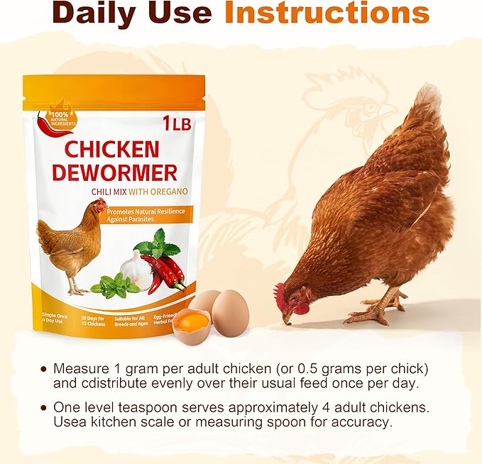 Natural Chicken Dewormer with Chili Powder, Herbal Poultry Care Blend, Safe for Laying Hens, 1 lb Bag