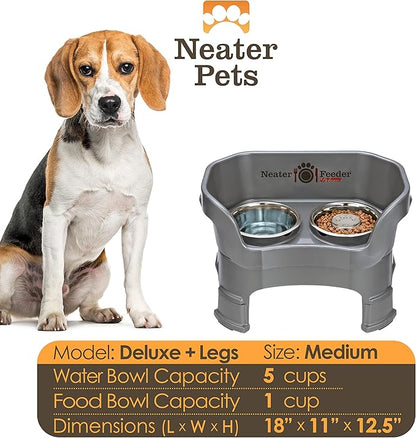 Neater Feeder Deluxe Mess-Proof Elevated Dog Bowls for Medium Dogs (19–40 lbs), 2 Height Adjustable (10” & 12.5”) No-Spill Raised Dog Bowl Stand w/Slow Feed Bowl for Food, Made in USA, Grey