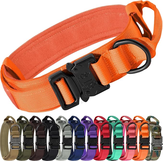Joytale Tactical Dog Collar with Handle and Metal Buckle, Heavy Duty Padded Military Collar with 2 Patches for Training, Adjustable for Large Dogs, Orange, L