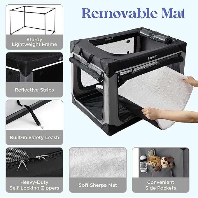 Lesure Shown on TODAY Show Soft Collapsible Dog Crate - 42 Inch Portable Travel Crate for Extra Large Dogs Indoor & Outdoor, 4-Door Foldable Pet Kennel with Mesh Windows, Grey