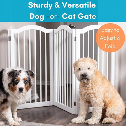 INTERNET'S BEST Arched Top Dog Gate | 4 Panel, 36" H Wooden Pet Barrier for Dogs or Cats | Freestanding Folding Room Divider for Doorways, Hallways, Stairs, and Porch | Portable, Extra Wide | White
