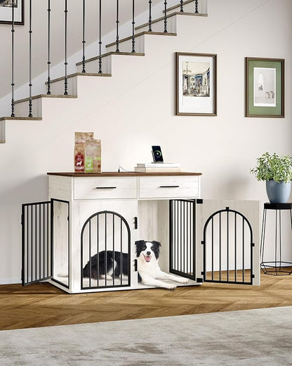 Hzuaneri 39.4'' Large Dog Crate Furniture with 2 Storage Drawers, Heavy Duty Dog Kennel Indoor with Charging Station, Wooden Dog Cage End Table Kennel for Medium/Large Dogs, White Brown DFC84214B
