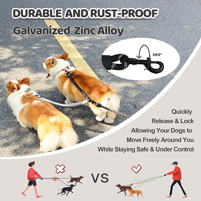 Double Dog Leash - 360°Swivel Tangle Free Splitter Attachment, 2 Dogs Multi-Functional Leashes, Dual Rope for Outdoor Walk Train Small Medium Large Two Pet, Grey