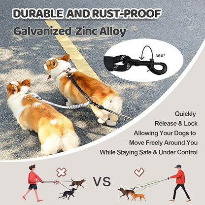 Double Dog Leash - 360°Swivel Tangle Free Splitter Attachment, 1 Rope with Handle, 2 Dogs Multi-Functional Leash, for Outdoor Walk Train Small Medium Large Two Pet, Grey
