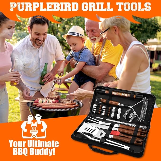 PURPLEBIRD 31PCS Grill Set for Outdoor Grill - Grilling Gift for Men & Dad, Heavy Duty Stainless BBQ Tools Kit for Camping, Grilling Utensils Set with Cleaner Brush, Thermometer, Storage Bag, BBQ Mat
