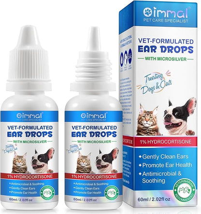 VOSIFSDIY Dog Cat Ear Infection Treatment Drops, Pets Ear Cleaning Drops with 1% Hydrocortisone for Dog & Cats Yeast Infection, Itchy Ear Relief, Pet Ear Care Supplies for Dogs & Cats -2fl oz(2PCS)