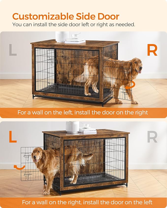 Feandrea 44.1" Dog Crate Furniture, Indoor Dog Cage Side End Table, XL Pet Wood Kennel for Large and Medium Dogs up to 80 lb with Multi-Purpose Removable Tray, Double-Door Pet House, Rustic Brown