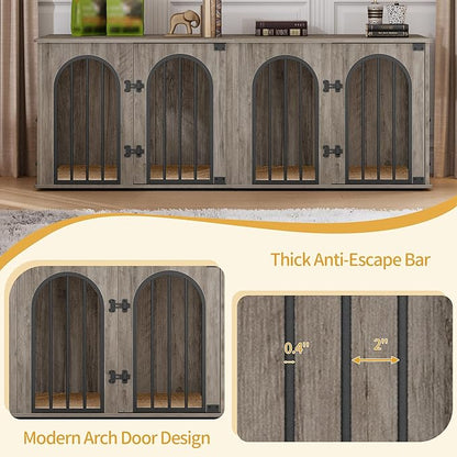 Hzuaneri 63" Dog Crate Furniture for 2 Dogs, Heavy Duty Indoor Dog Kennel TV Stand, L Wooden Dog Cage with Divider for Medium Large Dogs, End Table Dog Crate with Cushion, Greige Black DFC80905B
