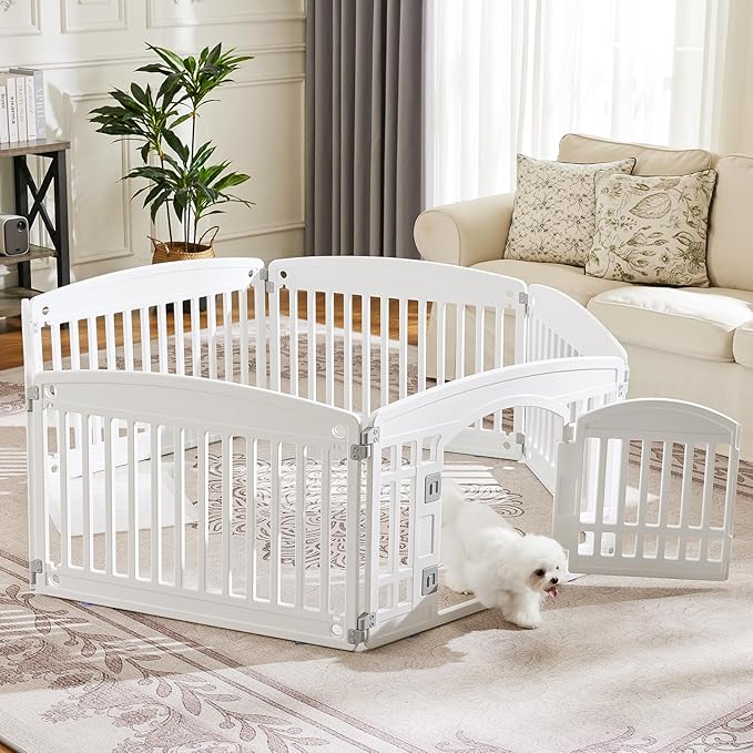 Sweetcrispy Plastic Dog Playpen, 6 Panels 24" Expandable & Durable Pet Fence for Medium Dogs - Indoor & Outdoor Portable Puppy Playpen with Secure Locking Door, White