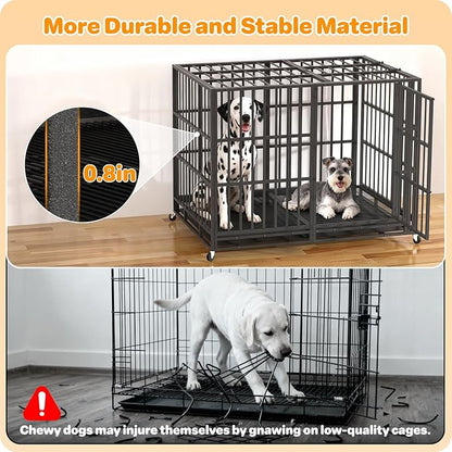 Hiwokk 60 Inch Heavy Duty Dog Crate, Indestructible Escape-Proof Dog Kennel for High Anxiety Large Dogs, Strong Metal Pet Cage with Double Doors, Lockable Wheels & Removable Tray, XL XXL XXXL