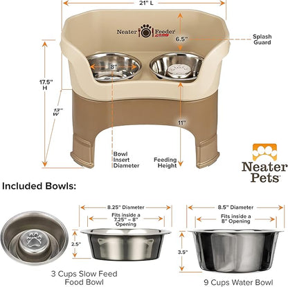 Neater Feeder Deluxe Mess-Proof Elevated Dog Bowls for Large Dogs (40+ lbs), 2 Height Adjustable (14.5” & 17.5”) No-Spill Raised Dog Bowl Stand w/Slow Feed Bowl for Food, Made in USA, Cappuccino
