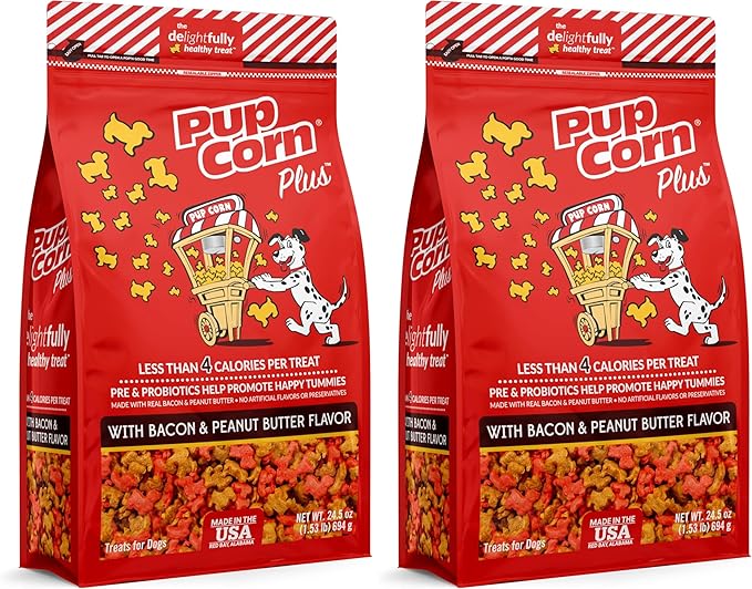 Pup Corn Plus - Puffed Dog Treats with Prebiotics and Probiotics - Bacon & Peanut Butter (24oz) - Made in USA (Pack of 2)