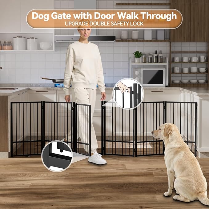 SNUOWU Full Metal Freestanding Dog Gate with Door, 32''Height Foldable Pet Dog Fence for Indoor & Outdoor, 6 Panels Extra Wide Free Standing TallDog Gates for Doorways,House,Stairs,Porch,Deck,Yard