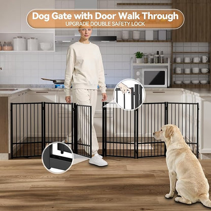 SNUOWU Full Metal Freestanding Dog Gate with Door, 32''Height Foldable Pet Dog Fence for Indoor & Outdoor, 6 Panels Extra Wide Free Standing TallDog Gates for Doorways,House,Stairs,Porch,Deck,Yard