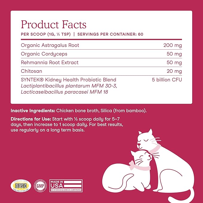 Fera Pets Cat Kidney Support Powder with Antioxidants & Probiotics - Enhances Renal Health & Function - Promotes Regular Detoxification - 60 Scoops