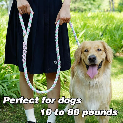 Handmade 5ft Braided Cotton Dog Leash with Unique Floral Handle, Durable and Stylish, Ideal for Small to Large Dogs, Pink & Green Color