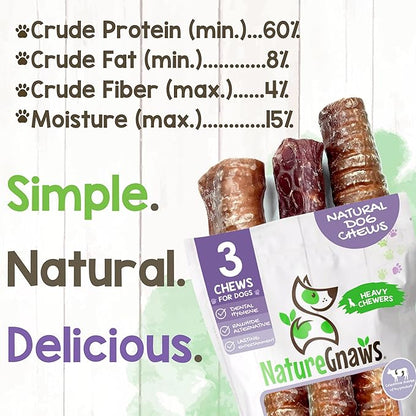 Nature Gnaws Beef Trachea Crunch Wraps for Dogs (3 Count) - Long Lasting Natural Beef Jerky Dog Chew Bones - Rawhide Free
