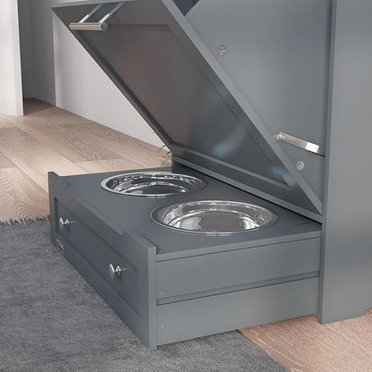 PawHut Dog Feeding Station with Raised Bowls & Storage Cabinet, Pet Feeder Cabinet Container with Hanger for Feeding & Watering Supplies, Dog Food Organizer, Gray