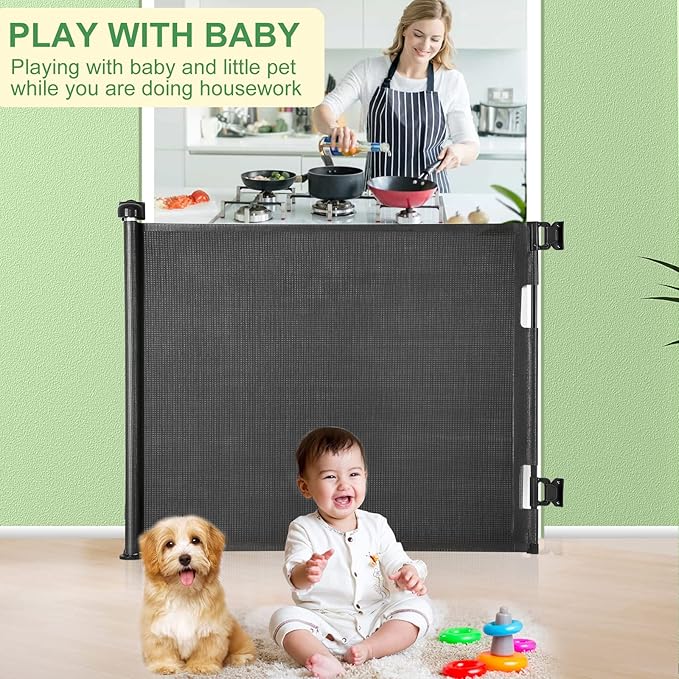 Upgraded Retractable Baby Gate, Extra Wide Safety Kids or Pets Gate, 33” Tall, Extends to 71” Wide, Mesh Safety Dog Gate for Stairs, Indoor, Outdoor, Doorways, Hallways(33”x71”, Black)
