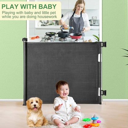 Upgraded Retractable Baby Gate, Extra Wide Safety Kids or Pets Gate, 33” Tall, Extends to 71” Wide, Mesh Safety Dog Gate for Stairs, Indoor, Outdoor, Doorways, Hallways(33”x71”, Black)