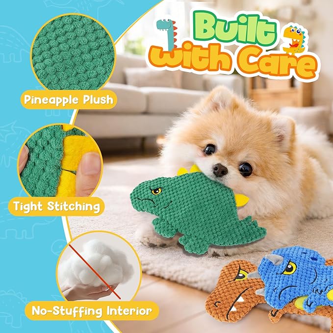 KIPRITII Dinosaur No-Stuffing Dog Squeaky Toys to Keep Dogs Busy, 3-Pack Puppy Toys for Interactive Play & Boredom Relief